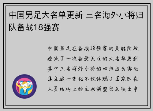 中国男足大名单更新 三名海外小将归队备战18强赛 中国男足大名单更新 三名海外小将归队备战18强赛